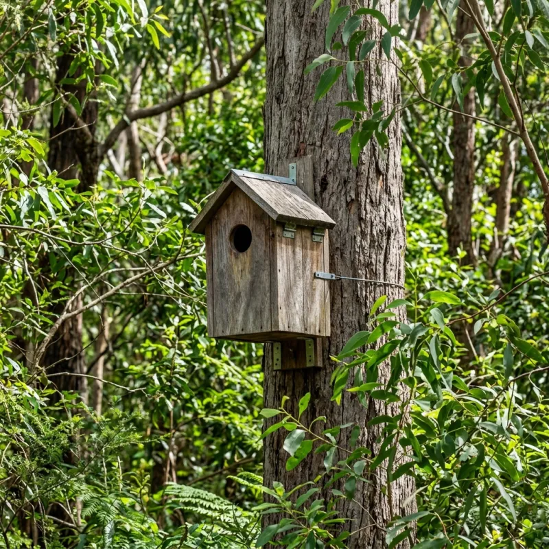 Animal nesting box installed as a humane alternative to a Merlynston roof cavity